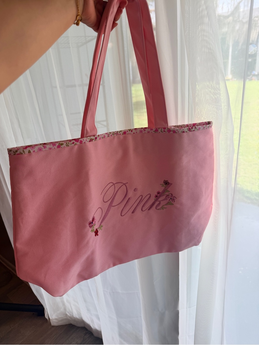 PINK Victoria's Secret Floral Embroidered Pink Tote - Picture 2 of 8